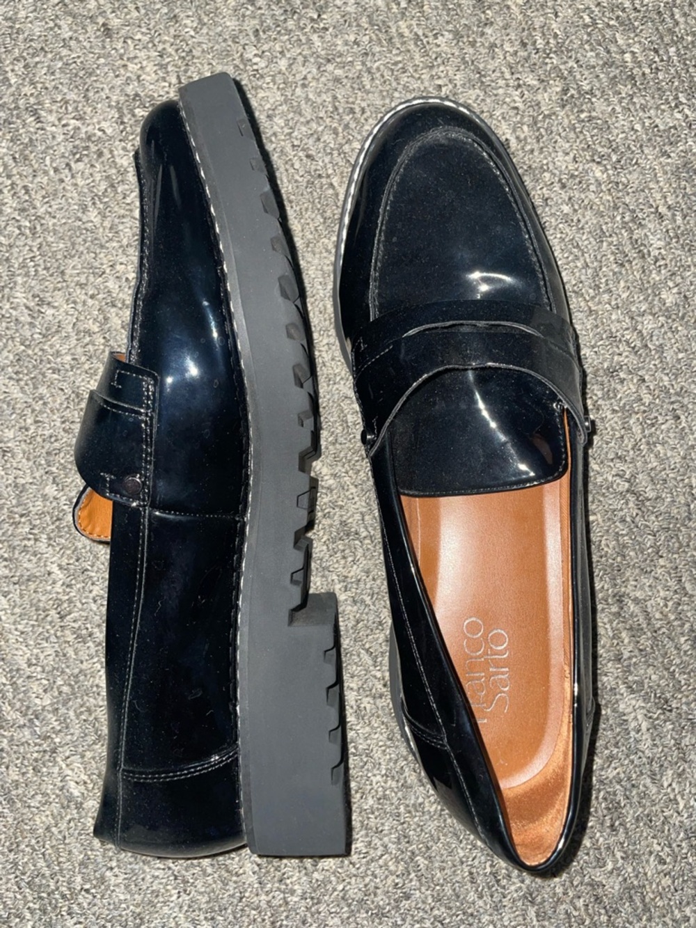 Franco Sarto Black Patent Leather Lug Sole Penny Loafers